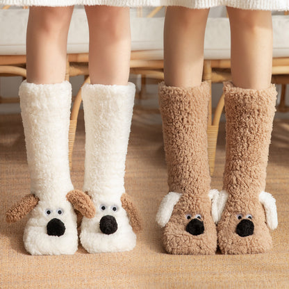 Cute Cartoon Dog Floor Winter Warm Non-slip Plush Socks For Women