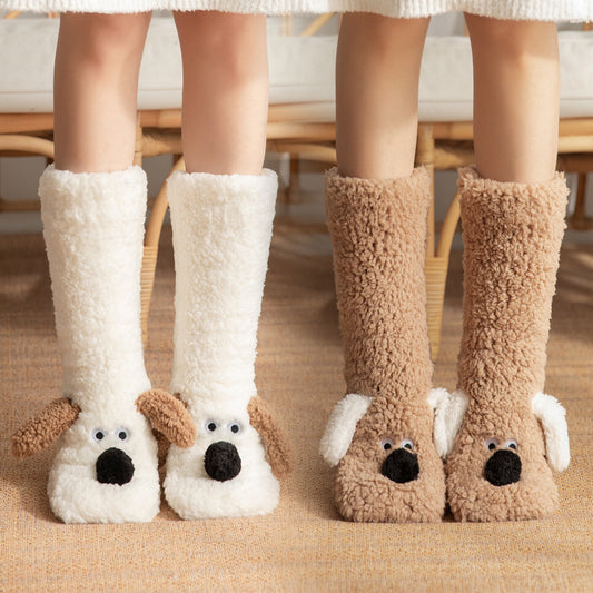 Cute Cartoon Dog Floor Winter Warm Non-slip Plush Socks For Women