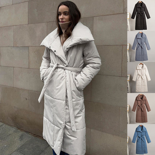 Mode Große Revers Langen Mantel Winter Warme Baumwolle Jacke Mit Taschen Und Schnürung