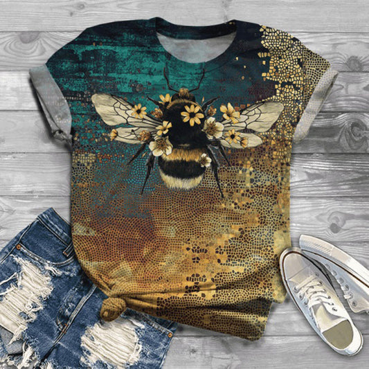 Short-sleeved T-shirt printed round neck top
