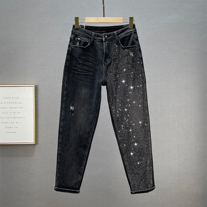 Women's Cotton Elastic High Waist Slimming Hot Rhinestones Jeans