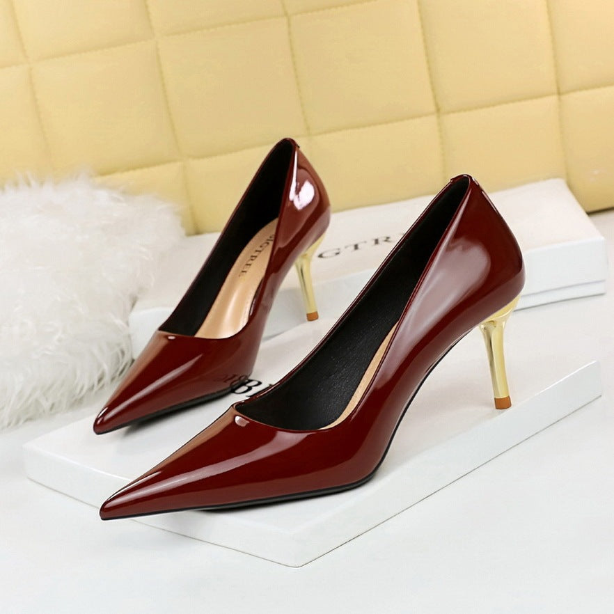 High Heeled Shallow Pointed Shiny Patent Leather Women's Single Shoes