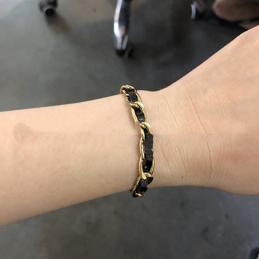 18K Gold Titanium Steel Plated European And American Fashion Metal Chain Leather Rope