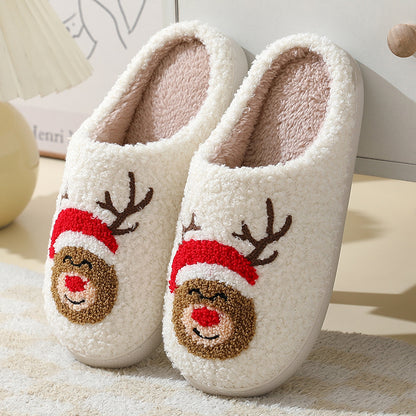 Christmas Santa Claus Cotton Slippers For Women And Men Winter Warm Furry