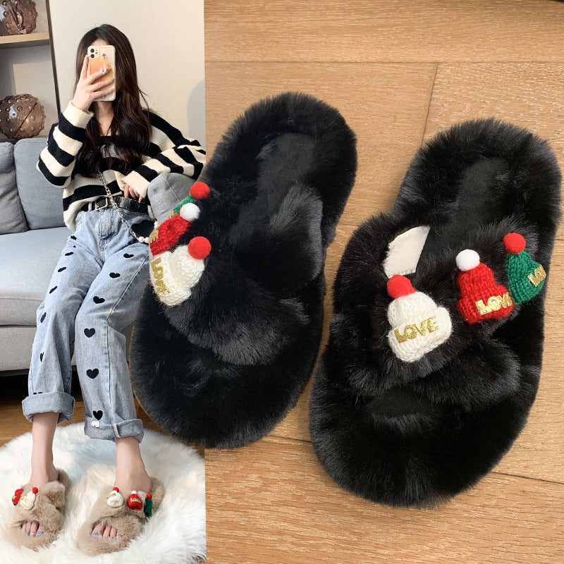 Christmas Hat Fluffy Women's Warm Toe Covering Cotton Slippers