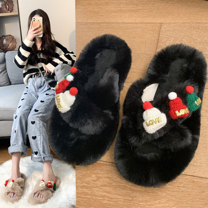 Christmas Hat Fluffy Women's Warm Toe Covering Cotton Slippers