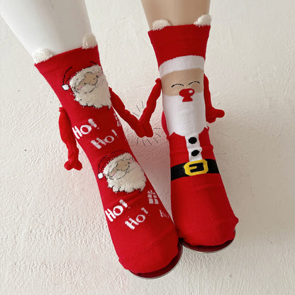 Christmas Magnetic Santa Claus Snowman Hand-holding Socks For Couple