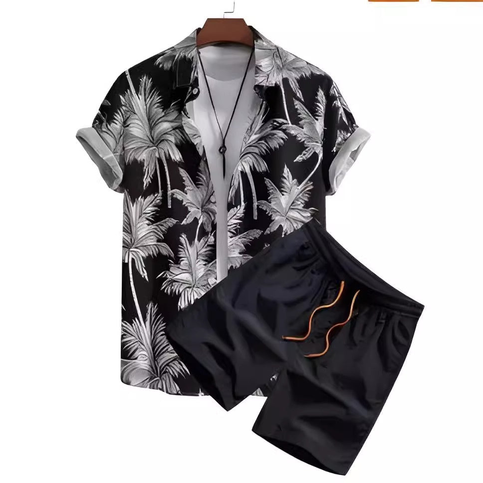 Black And White Striped Hawaiian Men's Shirt & Short Set