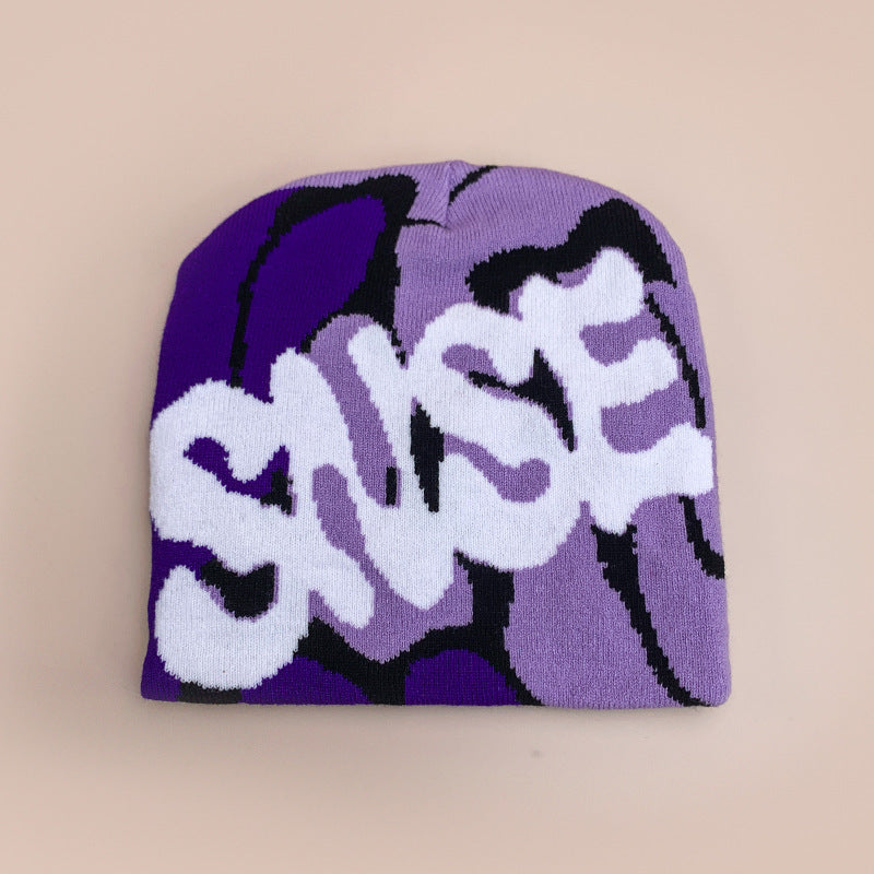 American Contrast Color Letter Jacquard Knitted Beanie Hat