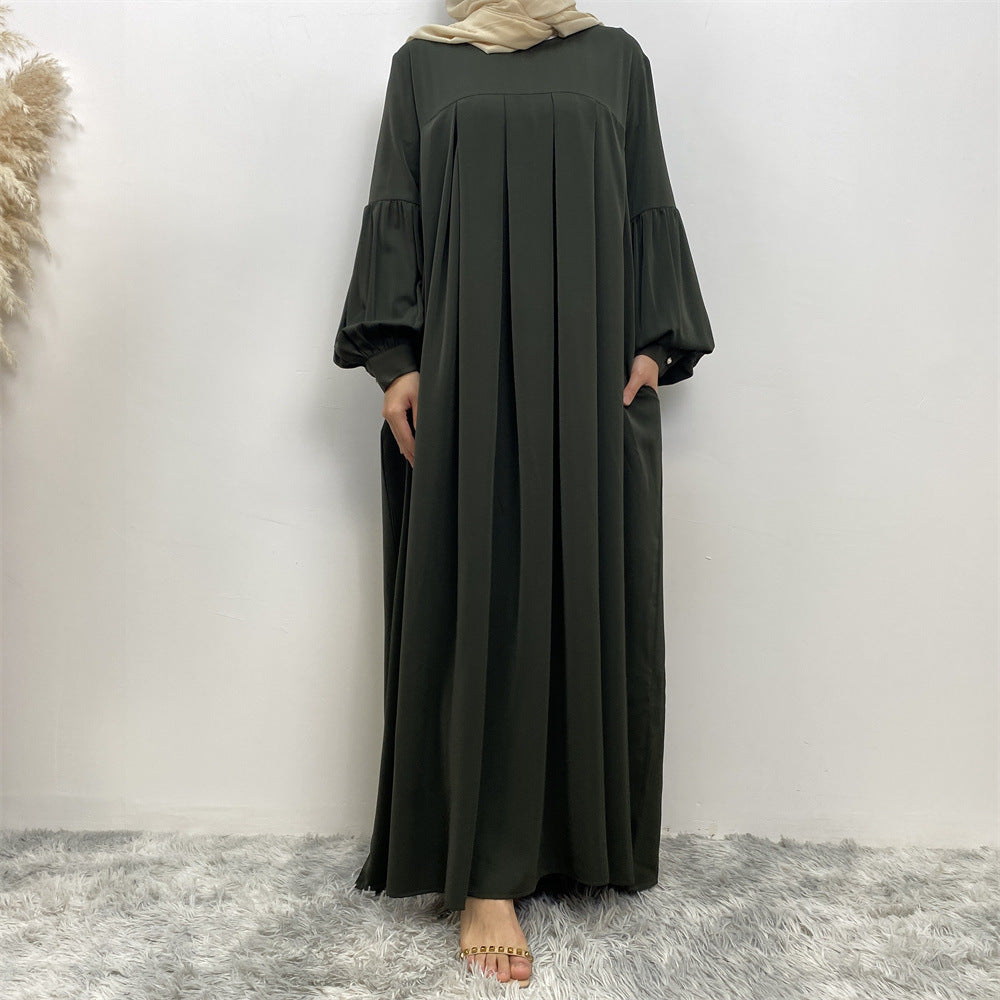 Muslim Solid Color Pleated Round Neck Abaya