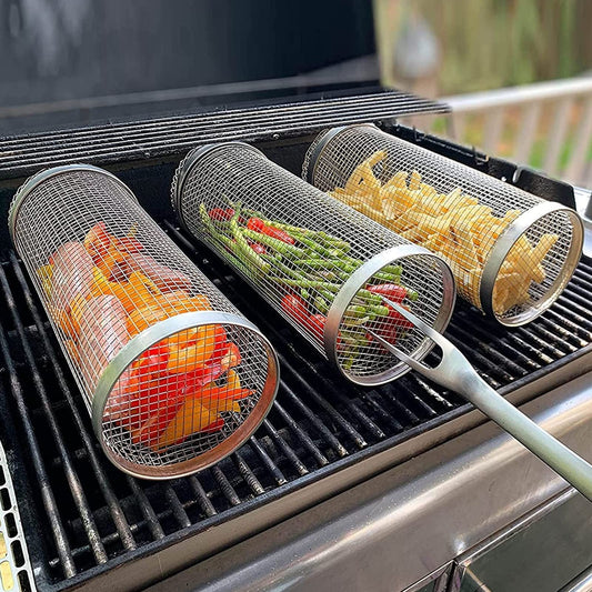 Rolling Grilling Metal BBQ Net Portable Outdoor Camping Barbecue Rack Basket