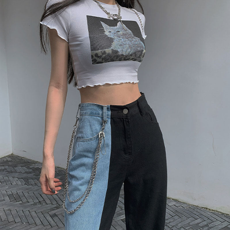 Black and Blue color block high rise split jeans