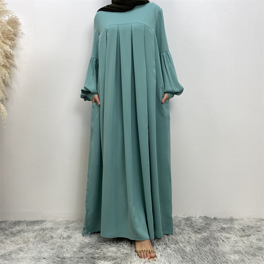 Muslim Solid Color Pleated Round Neck Abaya