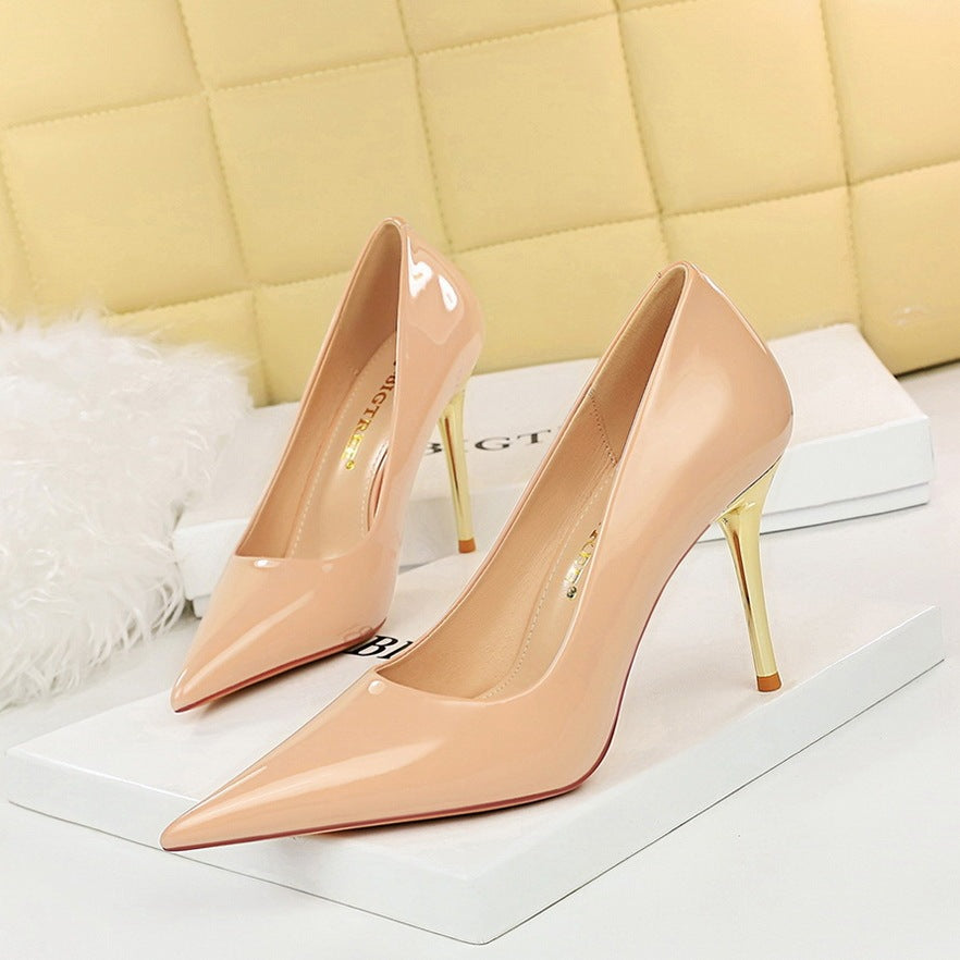 High Heeled Shallow Pointed Shiny Patent Leather Women's Single Shoes