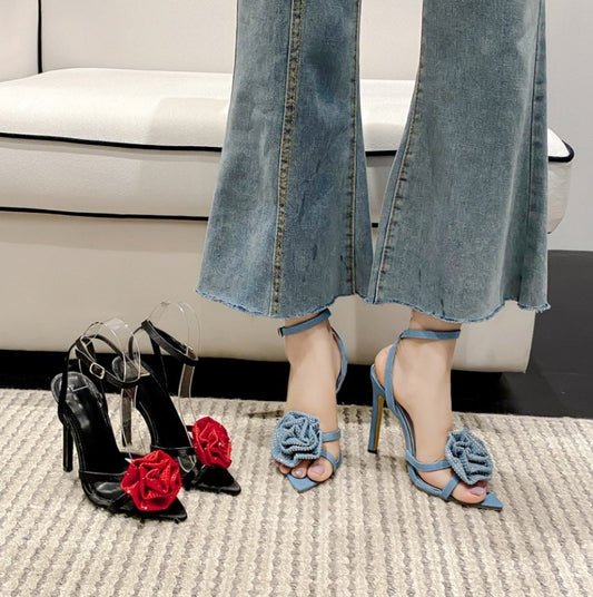 Pointed Toe Rhinestone Flower Strap Stiletto Heels