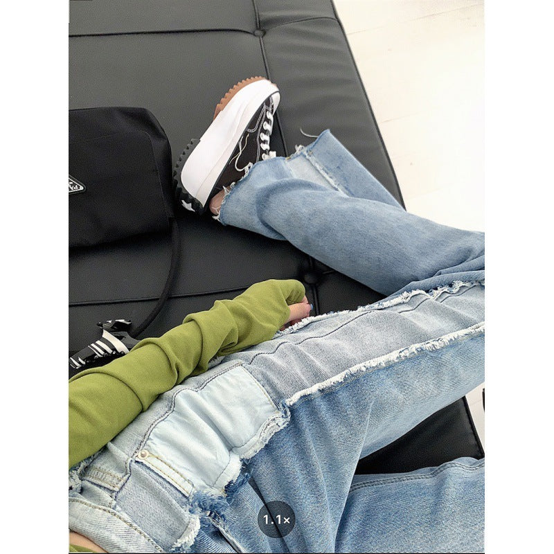 Women's High Waist Slim Side Washed Contrast Raw Denim Pant
