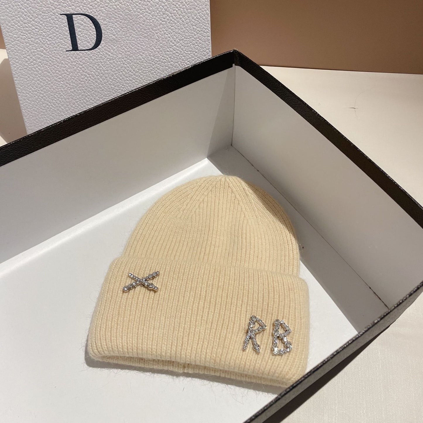 Winter RB Letter Fashion Rabbit Fur Knitted Warm Beanie Hat