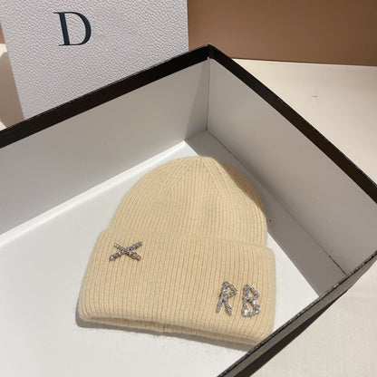 Winter RB Letter Fashion Rabbit Fur Knitted Warm Beanie Hat