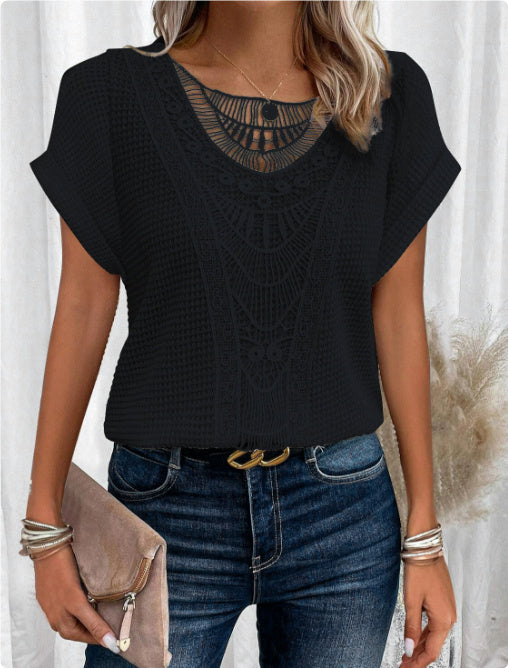 Hollow Out Short-sleeved T-shirt Fashion Ethnic Style Tops Women's Clothing