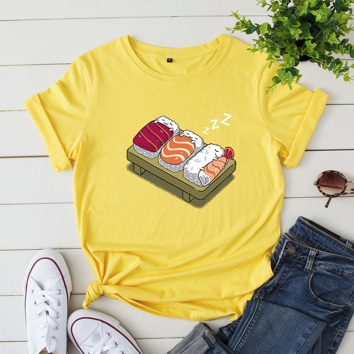 Women's Loose Round Neck Evil Sushi Short Sleeve T-shirt