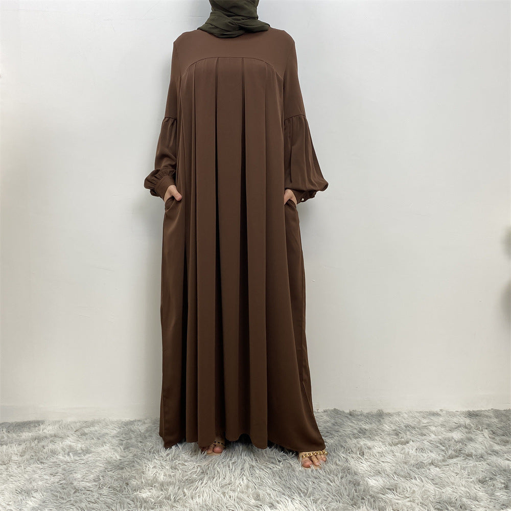 Muslim Solid Color Pleated Round Neck Abaya