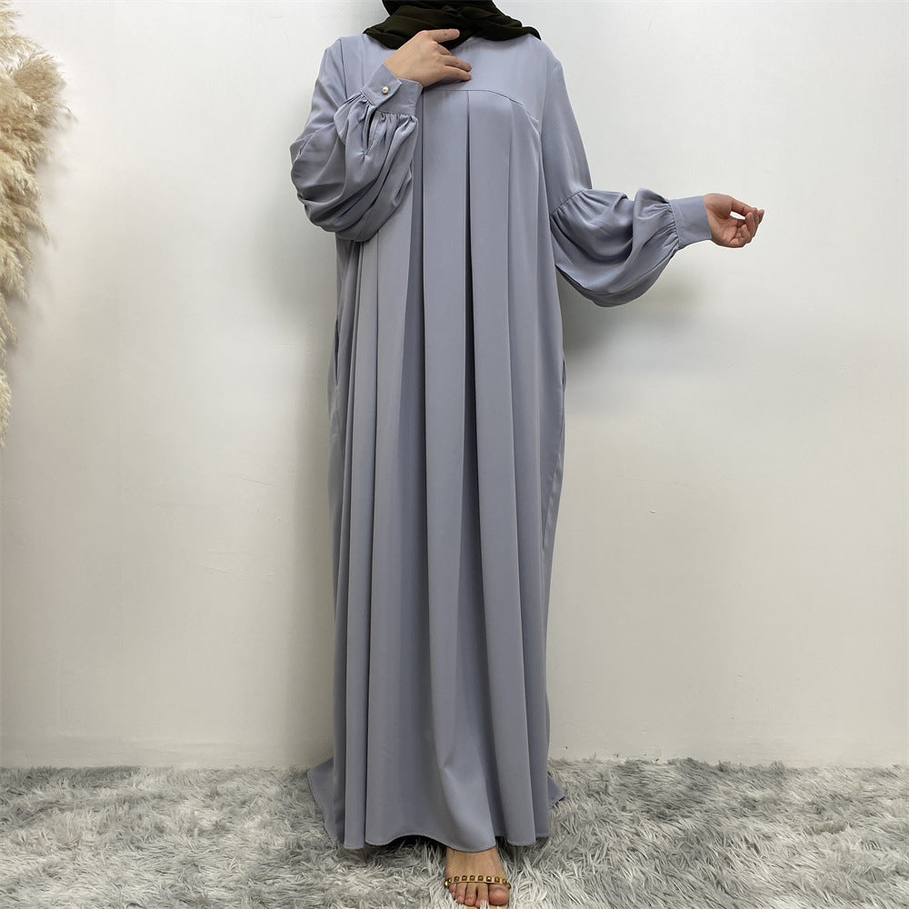 Muslim Solid Color Pleated Round Neck Abaya