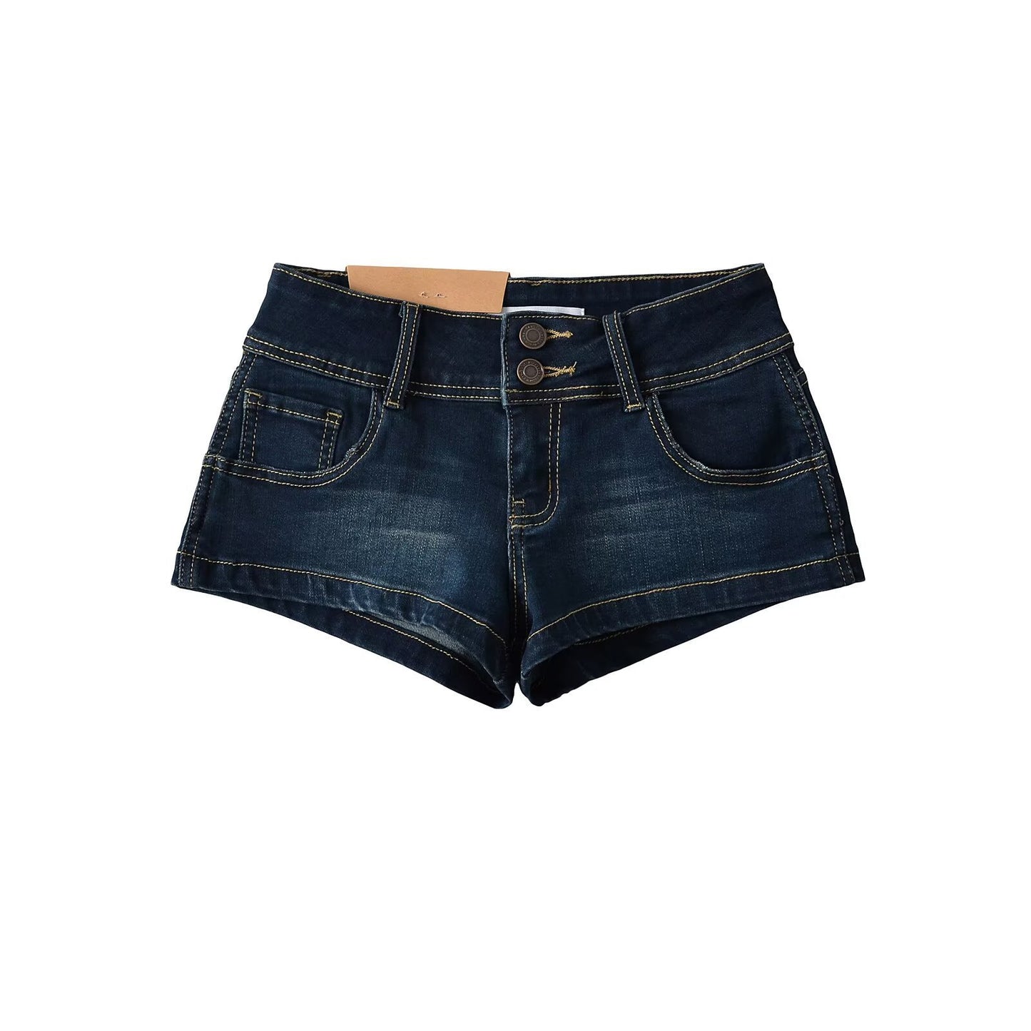 Two-button Distressed Tight Stretch Denim Shorts