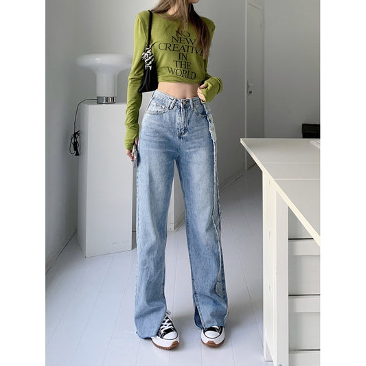 Women's High Waist Slim Side Washed Contrast Raw Denim Pant