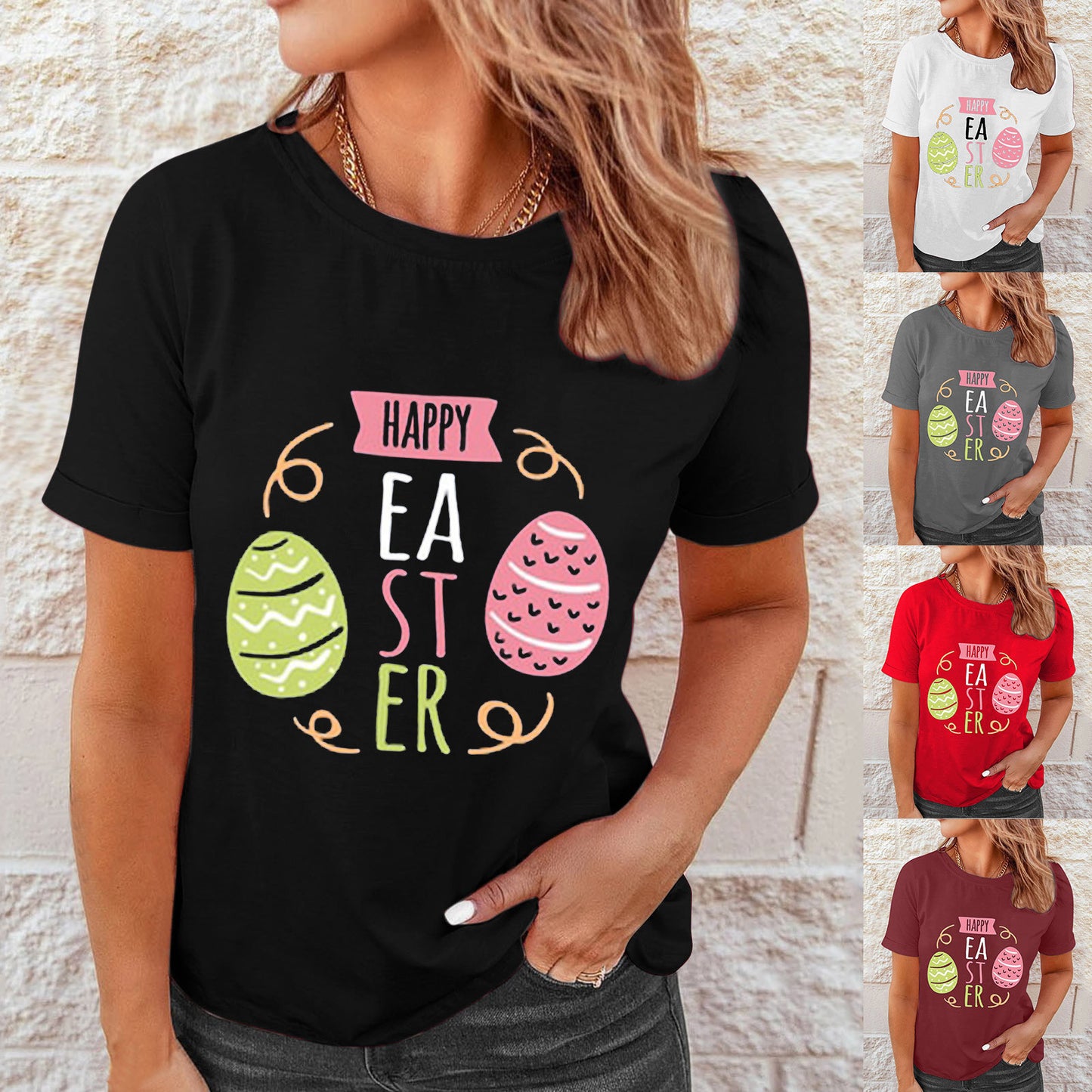 Women Easter Printed Casual Blouses Short Sleeve Shirt