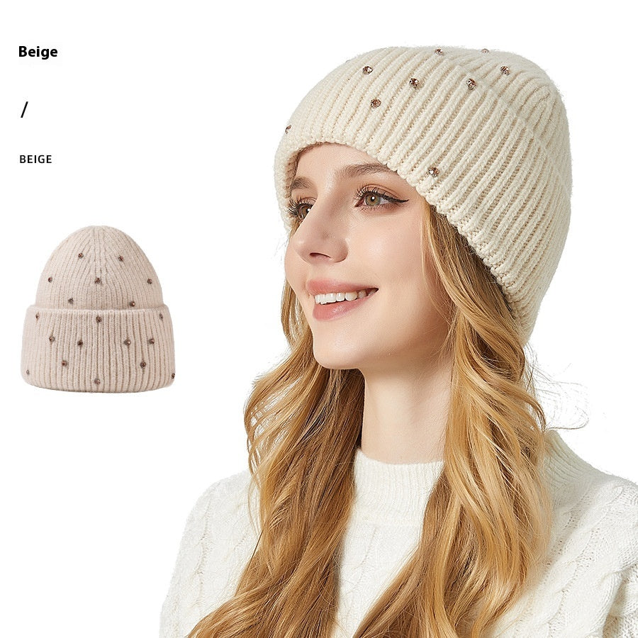 Exquisite Rhinestone Angola Rabbit Fur Thickened Elastic Knitted Beanie Hat