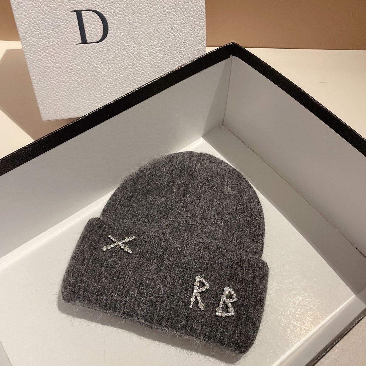Winter RB Letter Fashion Rabbit Fur Knitted Warm Beanie Hat