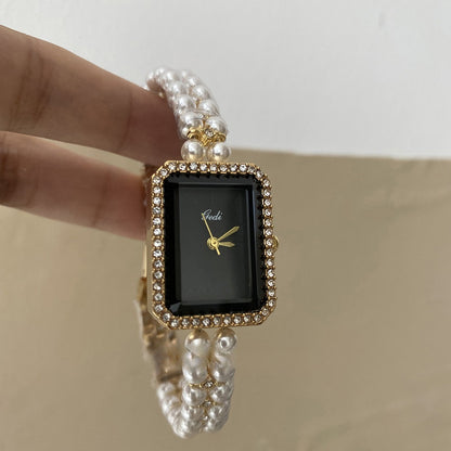 Silver Black Square Pearl Bracelet Watch