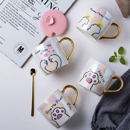 Cat High Paw Ceramics Mug With Lid and Spoon Mug
