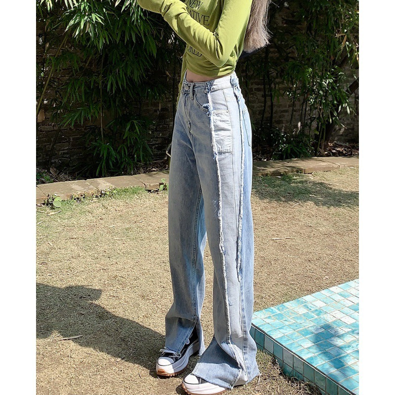 Women's High Waist Slim Side Washed Contrast Raw Denim Pant