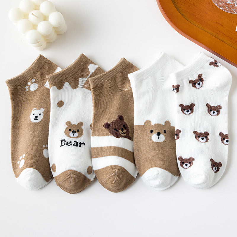 Women 5 Pair Set Low-cut Cartoon Cute Brown Bear Socks