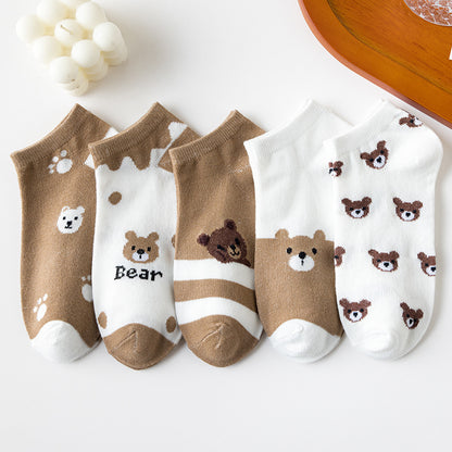 Women 5 Pair Set Low-cut Cartoon Cute Brown Bear Socks
