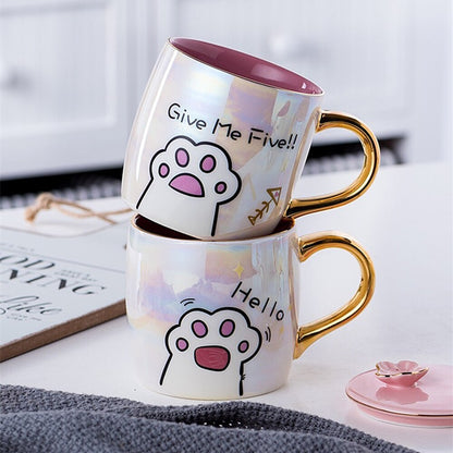 Cat High Paw Ceramics Mug With Lid and Spoon Mug