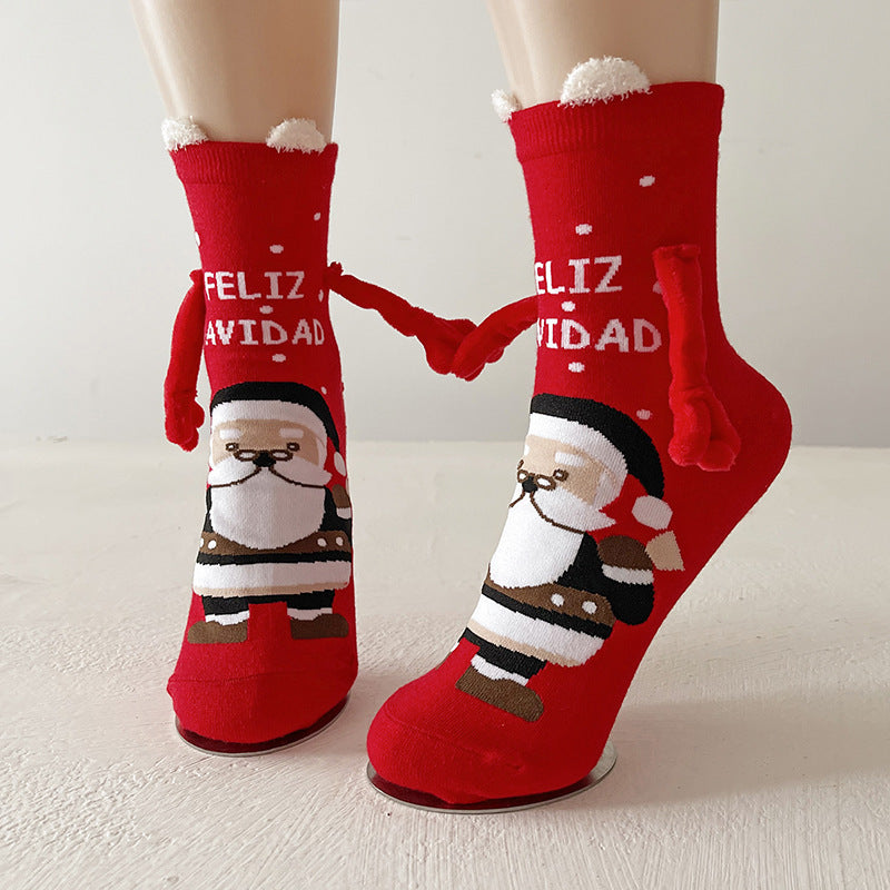 Christmas Magnetic Santa Claus Snowman Hand-holding Socks For Couple