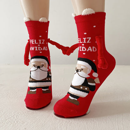 Christmas Magnetic Santa Claus Snowman Hand-holding Socks For Couple