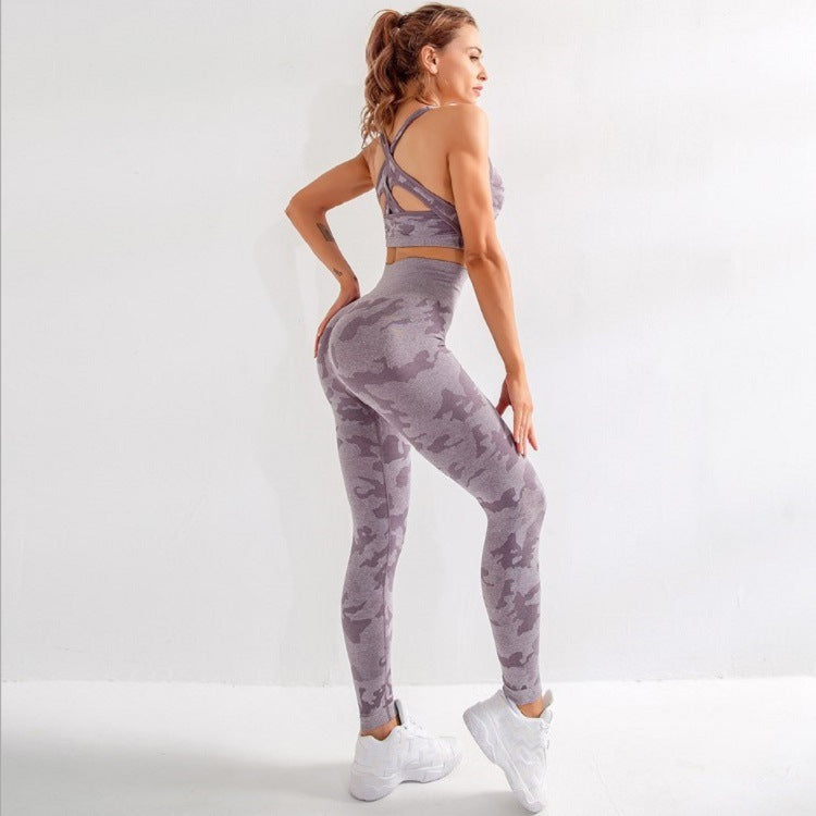 Three-piece camouflage yoga suit
