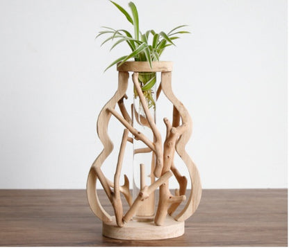 Pure Handwork Wooden Vase Decorated Solid Wood Flower Pot For Creative Glass Floral