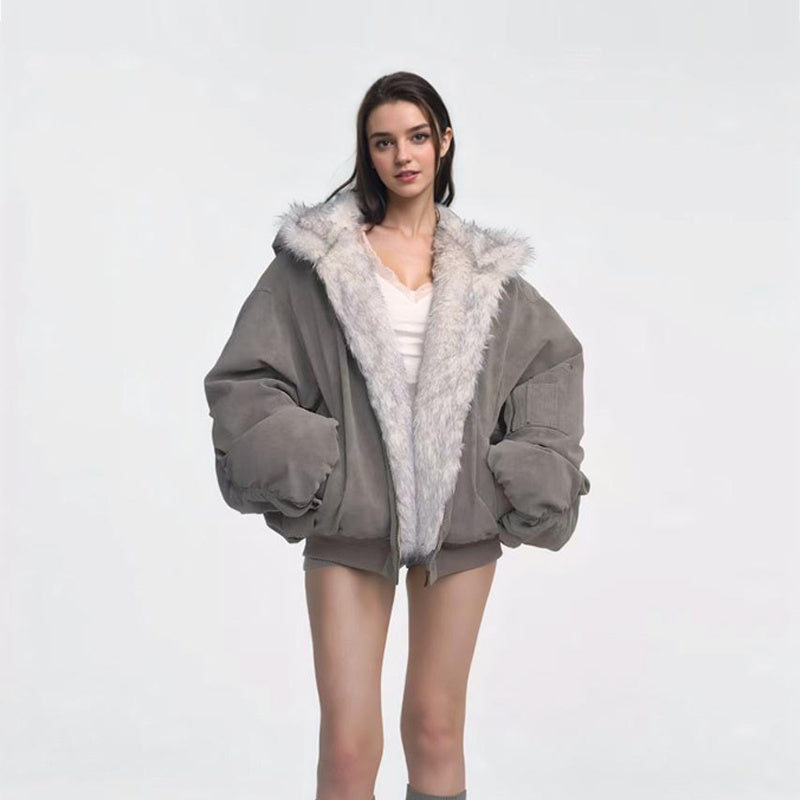 Gray Reverseable Fur Vintage Cotton padded Jacket Coat