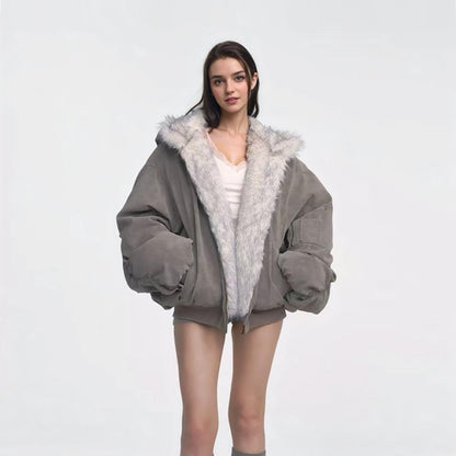Gray Reverseable Fur Vintage Cotton padded Jacket Coat