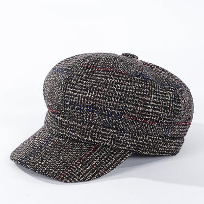 Thickened Plaid Woolen Octagonal Cap for Women