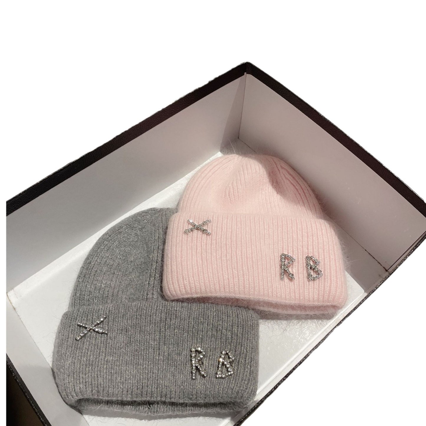 Winter RB Letter Fashion Rabbit Fur Knitted Warm Beanie Hat