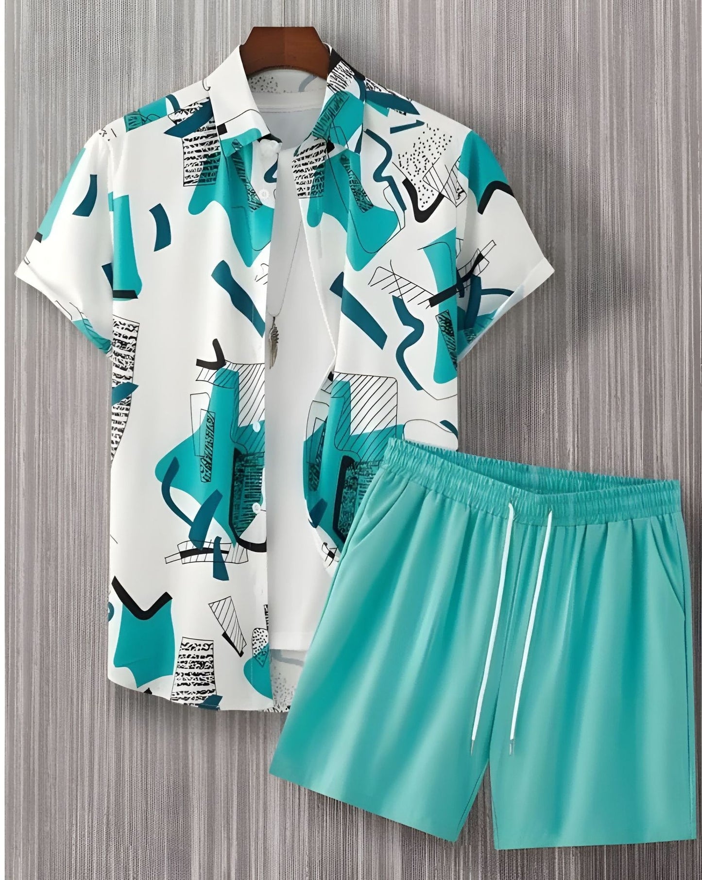 Black And White Striped Hawaiian Men's Shirt & Short Set