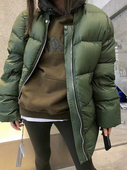 Warm Dark Green Collarless Cotton Puffer Coat Jacket