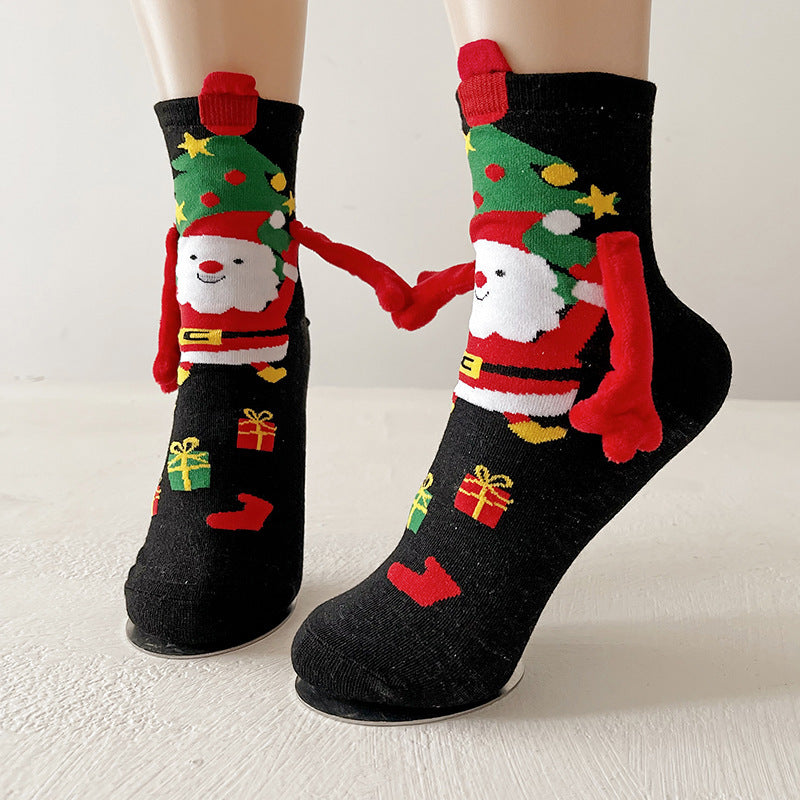 Christmas Magnetic Santa Claus Snowman Hand-holding Socks For Couple