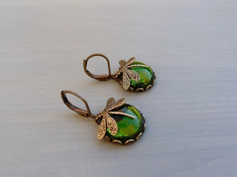 Vintage Dragonfly Pendant Earring Boho Chakra Blue Moonstone Earrings For Women