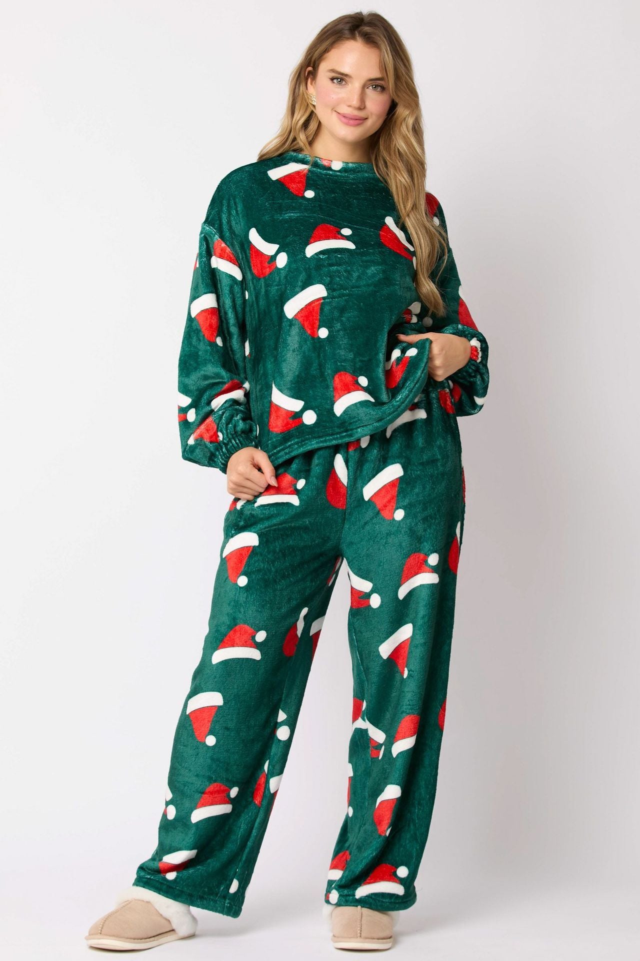 Christmas Santa Claus Casual Flannel Pajama Sets For Women 2 Piecee